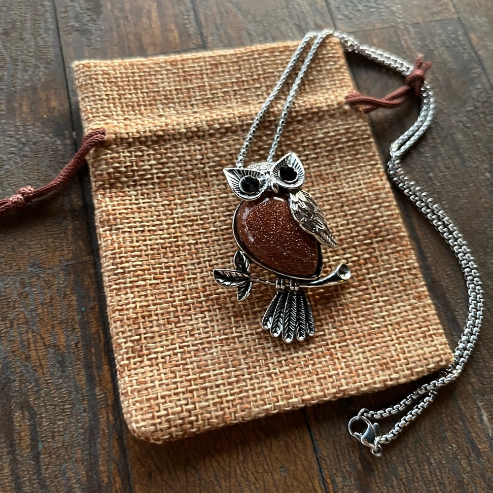 Gold Sandstone Owl Necklace Crystal Necklace Gold Sandstone Necklace